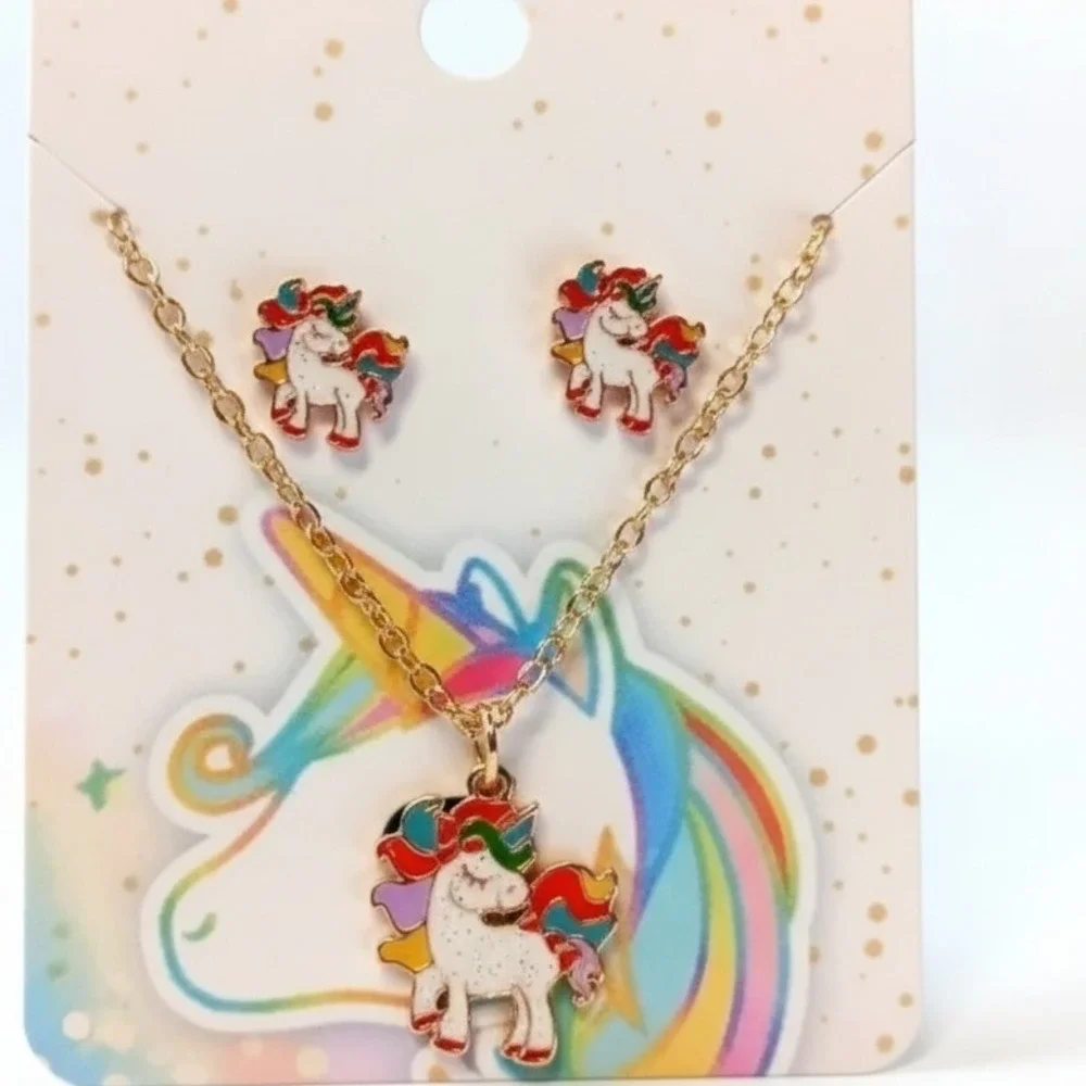 Unicorn Rainbow Jewelry Set Necklace Earrings Kids Girls Horse Gold Sparkle‎